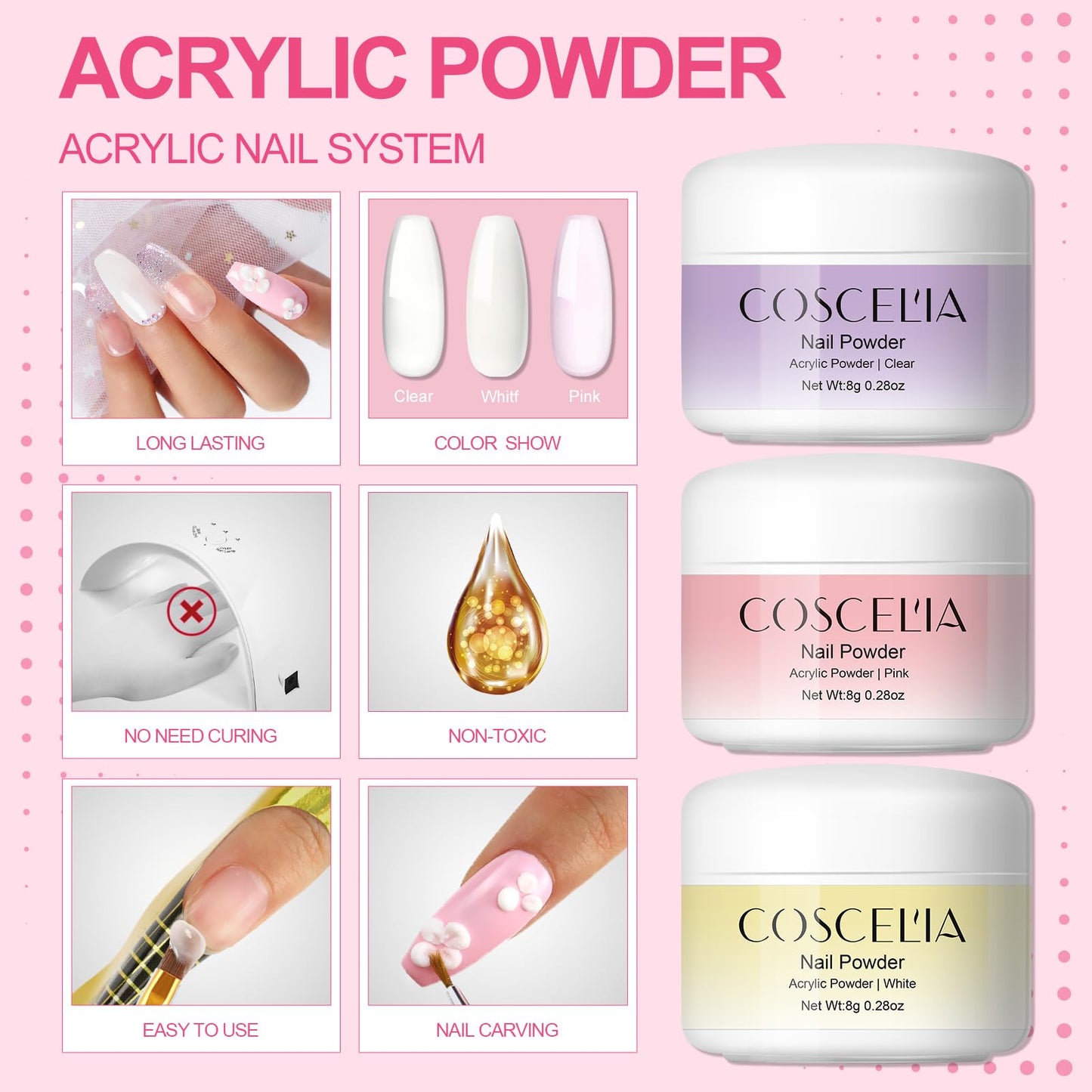 COSCELIA Acrylic Nail Kit for Beginners | All-in-One 3 Powders & 6 Gel Polishes