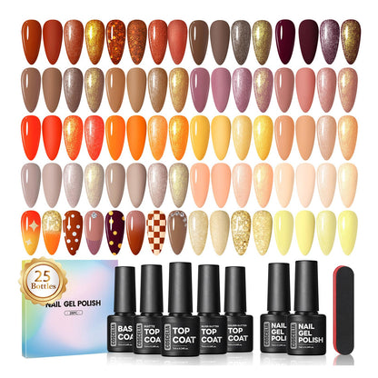 COSCELIA 25 PCS Nude Brown Gel Nail Polish Set – 20 Colors + 5 Top & Base Coats, DIY Manicure Starter Kit