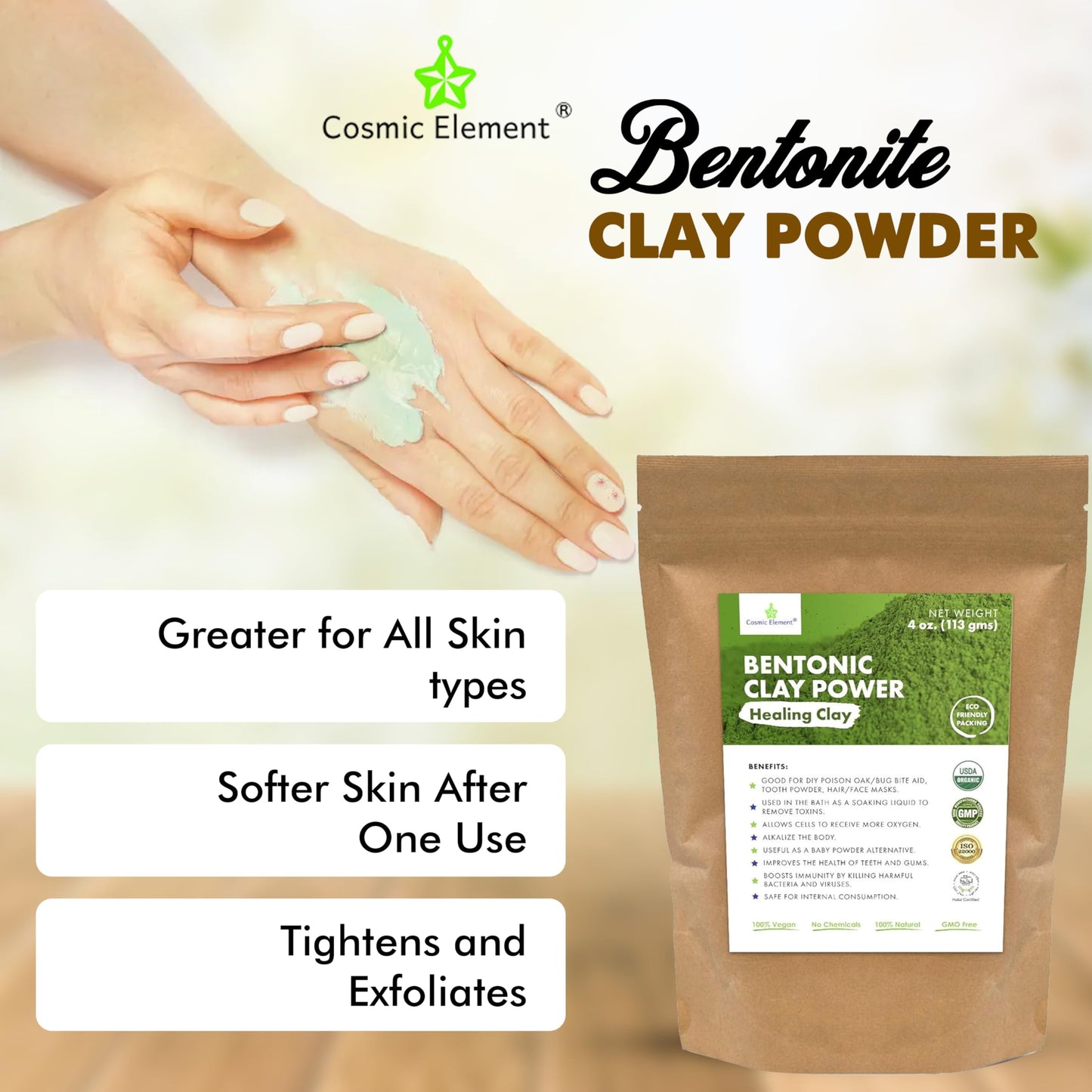 Cosmic Element 100% Pure Calcium Bentonite Clay Powder – Food Grade, Vegan, 4 oz