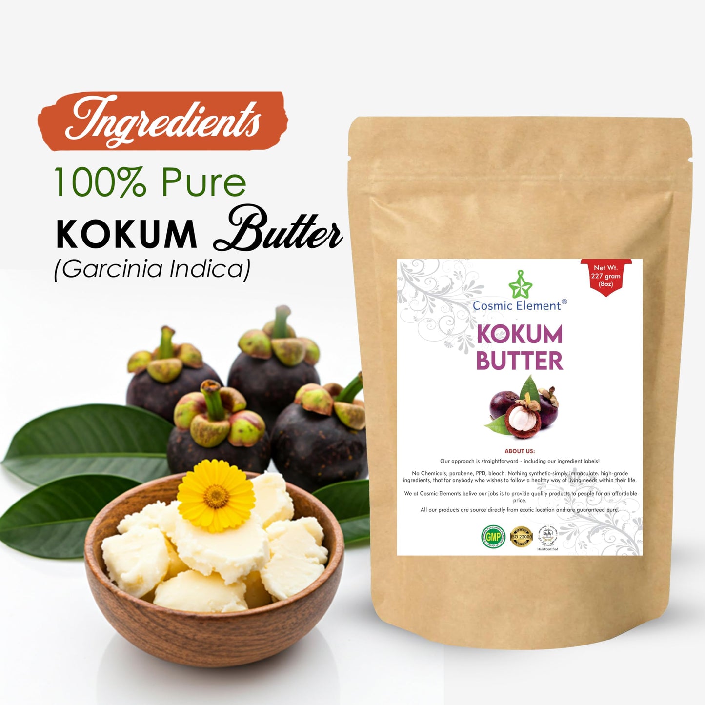 Cosmic Element Raw Organic Kokum Butter – Light, Firm Skin Butter for Soap, Lotion Bars & Lip Balm | 8 Oz