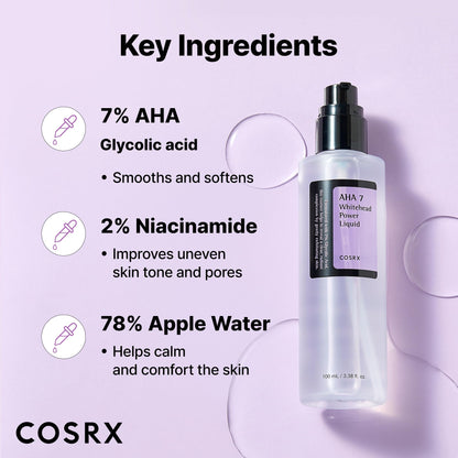 COSRX 7% Glycolic Acid Whitehead Removing Power Liquid – AHA Exfoliant & Pore Minimizer, 3.38 fl oz