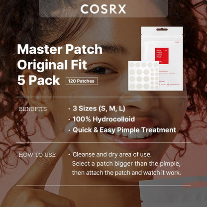 COSRX Acne Pimple Patch Original – 3 Sizes, Hydrocolloid Zits Cover (120 Count, Pack of 5)