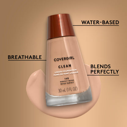 COVERGIRL Clean Liquid Foundation 148 Perfect Beige | Lightweight, Breathable Coverage