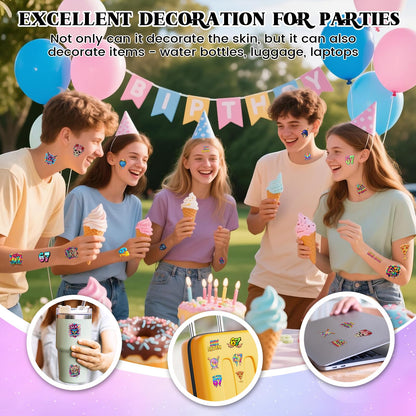 CozyNuukee 180PCS 6-7 Temporary Tattoos – Drip Baseball & Ice Cream Party Decor (15 Sheets, 60 Styles)