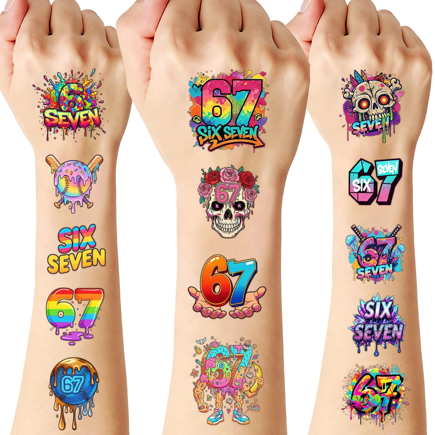 CozyNuukee 180PCS 6-7 Temporary Tattoos – Drip Baseball & Ice Cream Party Decor (15 Sheets, 60 Styles)