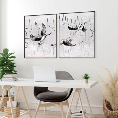 Cranes Japanese Art for home office | Set of 2 wall art prints