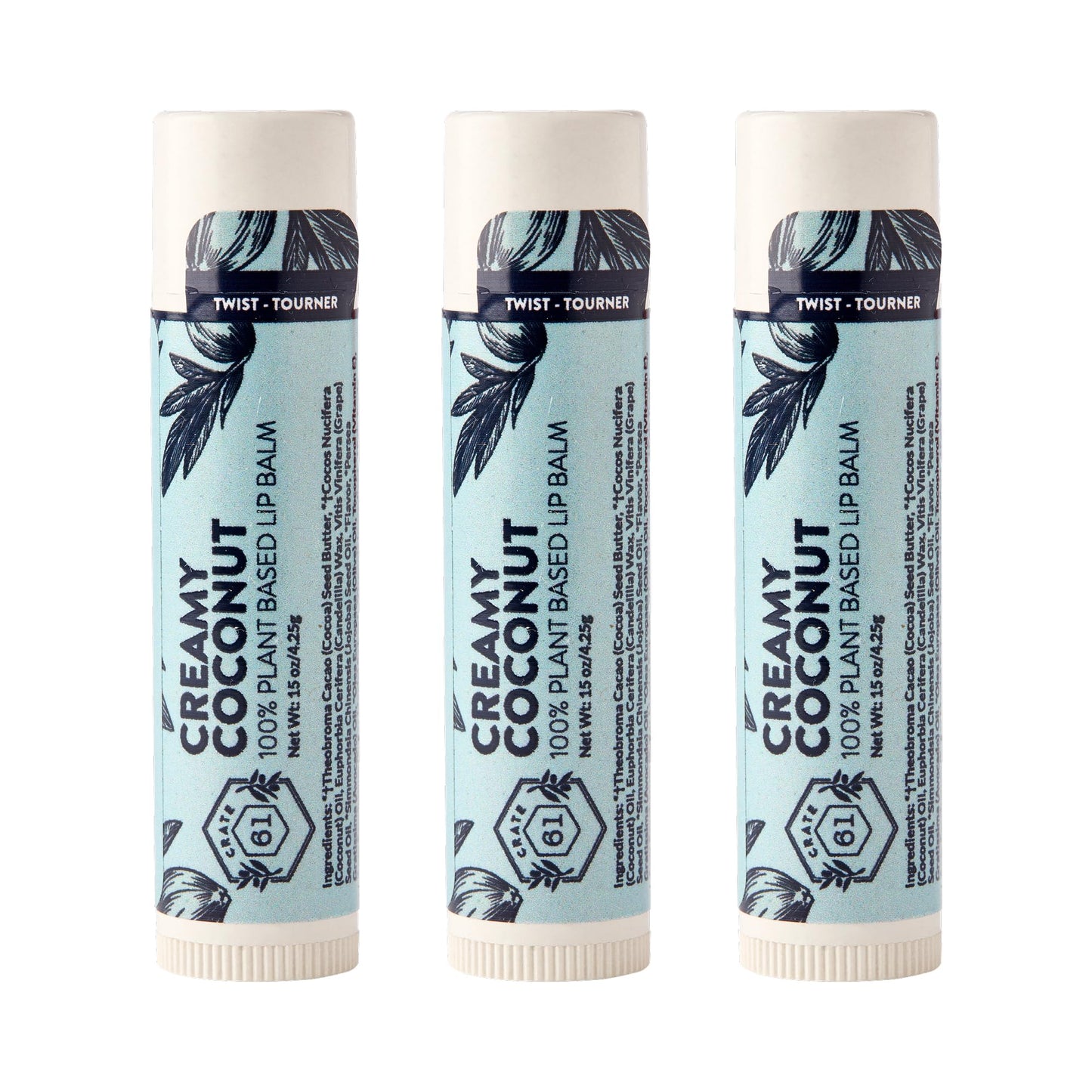 Crate 61 Lip Balm 3-Pack – Creamy Coconut | Plastic-Free Plant Pod Tube | USDA Organic