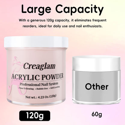 Creaglam Acrylic Powder 120g – No Lamp Needed for Nail Extensions | Bubble-Free Formula for 3D Art & Long-Lasting Manicures