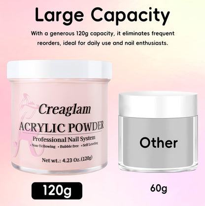 Creaglam Acrylic Powder 120g (4.23oz) – No Lamp Needed for Nail Extensions | Bubble-Free, Crystal-Clear Finish