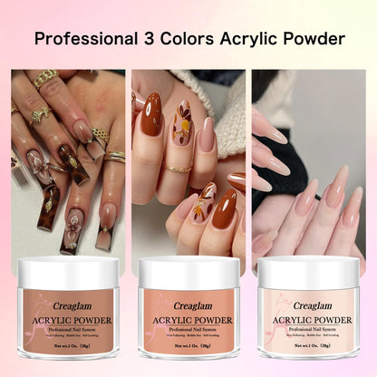 Creaglam Super Acrylic Powder 28g (3 Colors) Imperial Topaz, Carnelian & Autumn Blonde for 3D Nail Art – No Lamp Needed