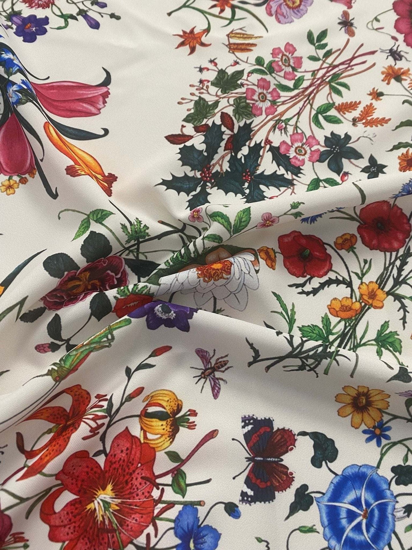 Cream Floral Botanical Print Fabric by Metre