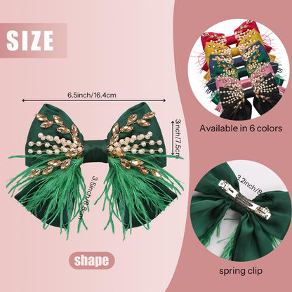 CROWN GUIDE Large Green Hair Bows Clips – Satin Silk, Pearl Crystals