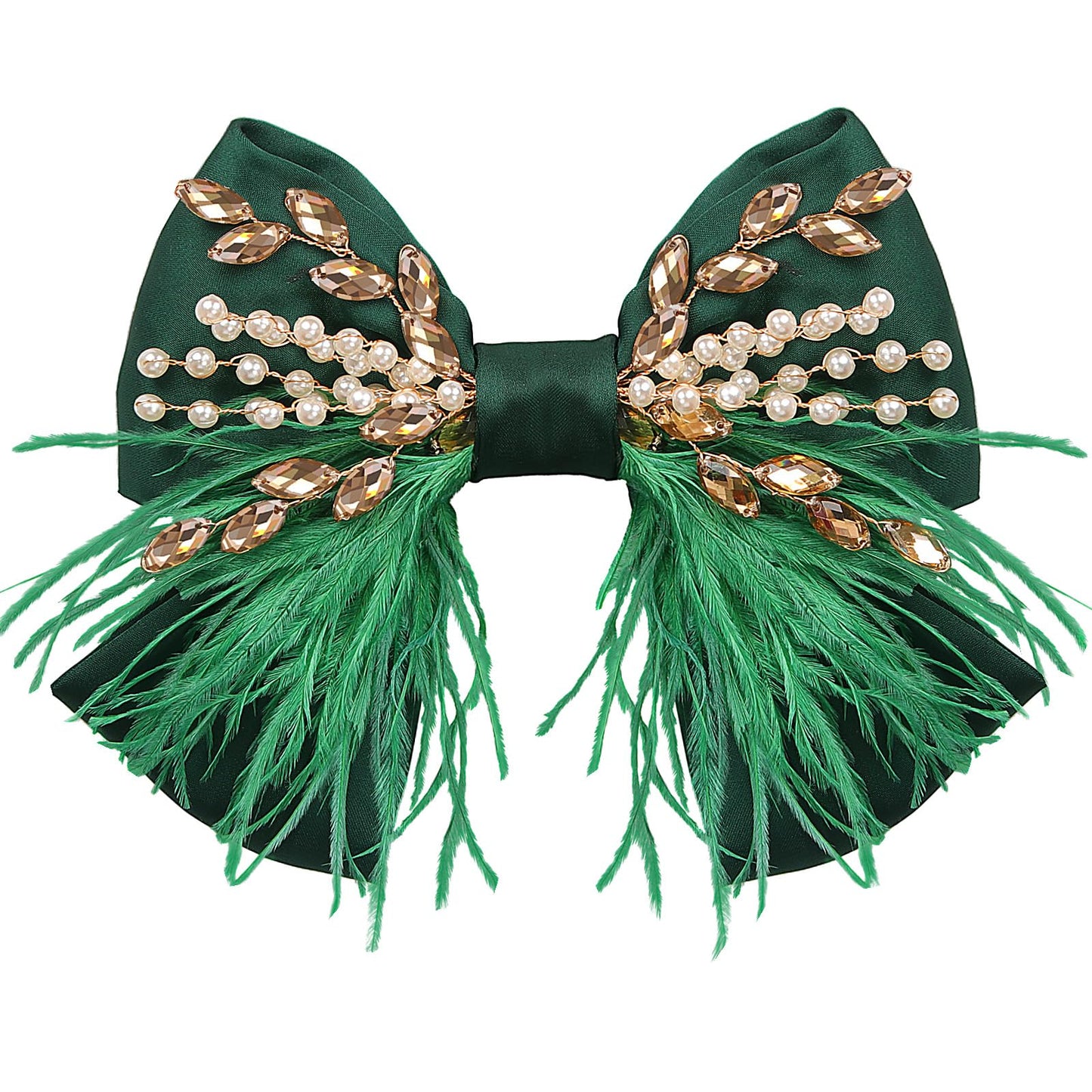CROWN GUIDE Large Green Hair Bows Clips – Satin Silk, Pearl Crystals