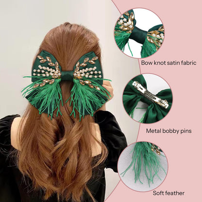 CROWN GUIDE Large Green Hair Bows Clips – Satin Silk, Pearl Crystals