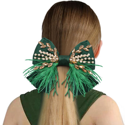 CROWN GUIDE Large Green Hair Bows Clips – Satin Silk, Pearl Crystals