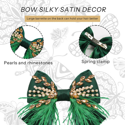 CROWN GUIDE Large Green Hair Bows Clips – Satin Silk, Pearl Crystals