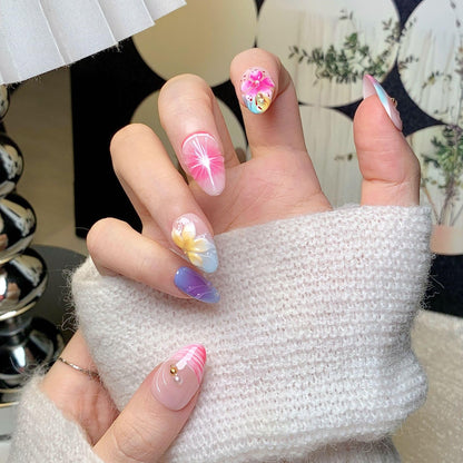 CTTHNBD Medium Almond Press-On Nails | Colorful Flower Design | Size M