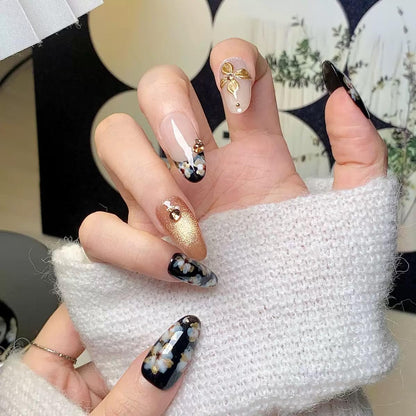 CTTHNBD Medium Almond Press-On Nails – Flower Design, Black & Gold (Size S)