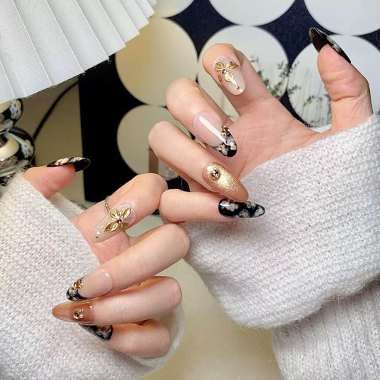 CTTHNBD Medium Almond Press-On Nails with Flower Design – Black & Gold Glossy (Size L)