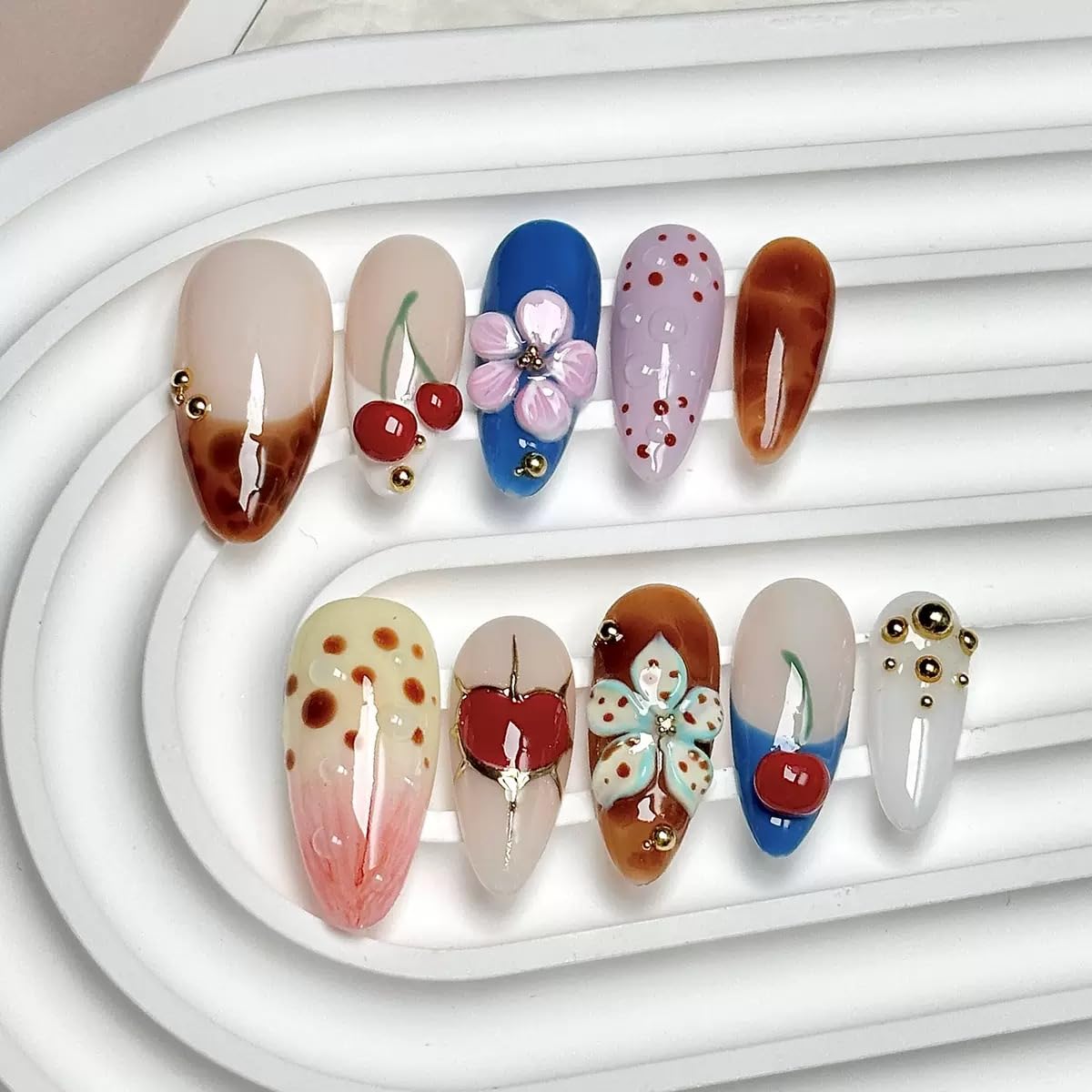 CTTHNBD Almond Press on Nails Medium – Cherry Heart Design, Winter Full Cover Stick-On Nails