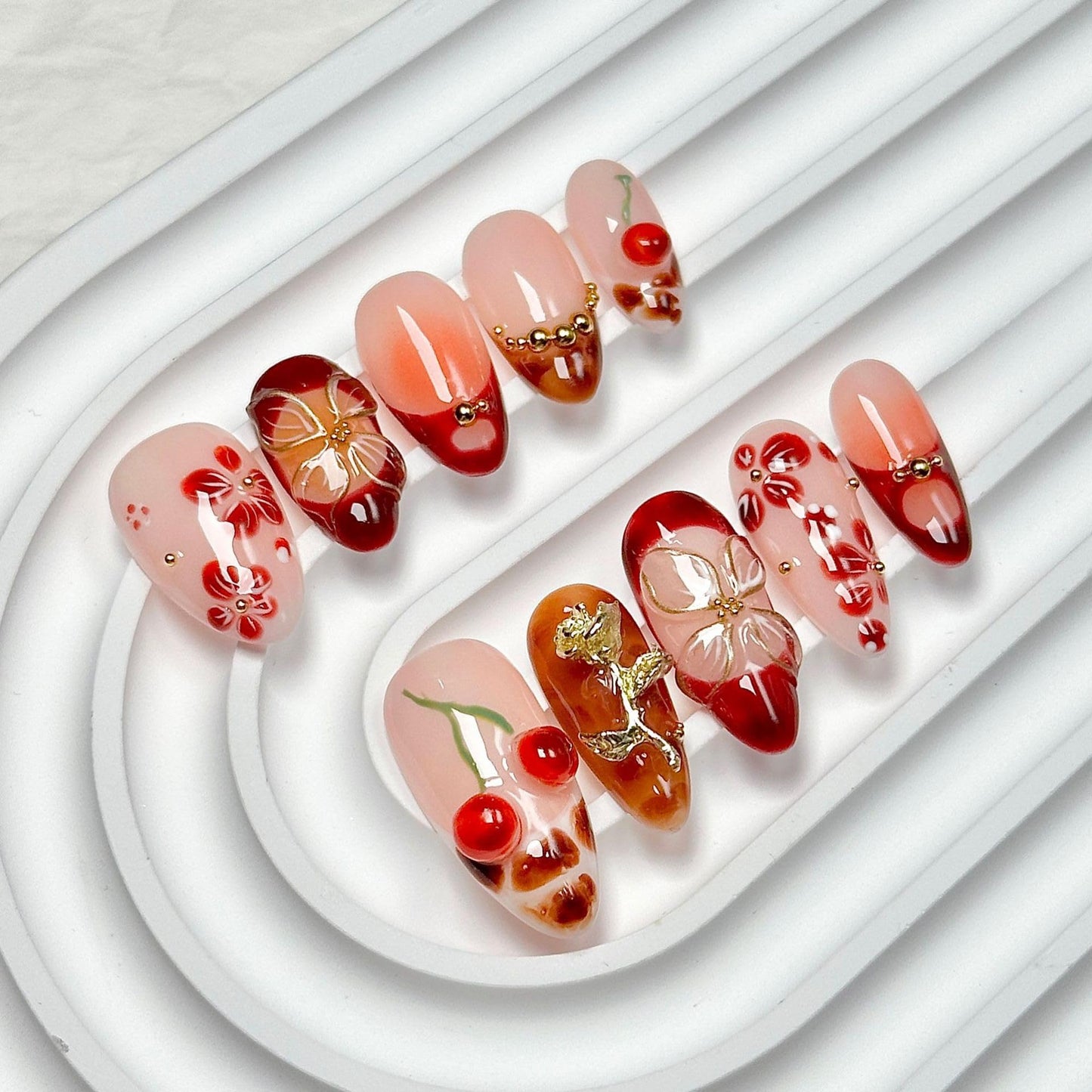 CTTHNBD Almond Press On Nails Medium – 3D Gold Flower Design | Winter Cherry Full Cover Glue-On Nails (Size M)