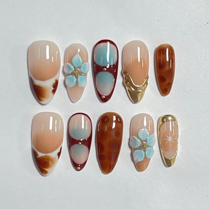 CTTHNBD Medium Almond Press-On Nails with Flower Gold Line Design | Ombre Brown Fall Nails (Size S)