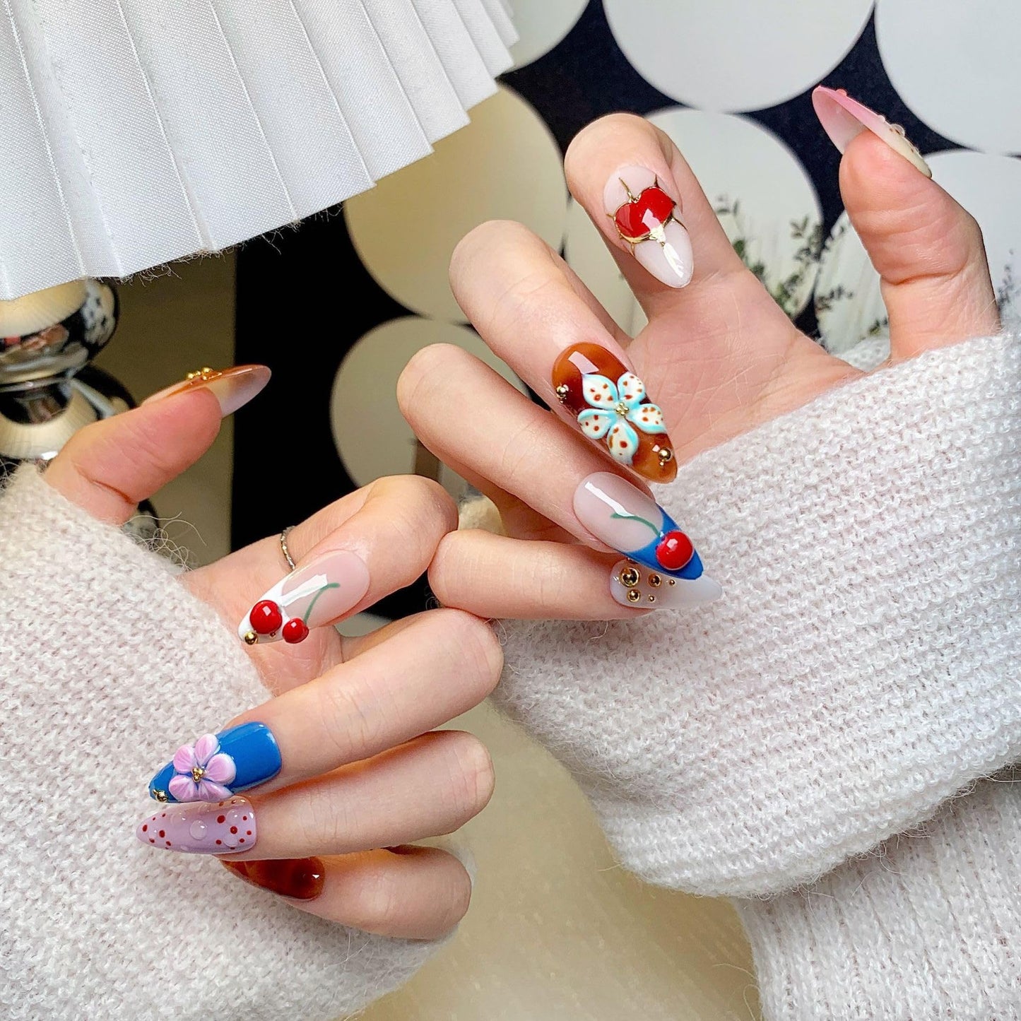 CTTHNBD Almond Press on Nails Medium – Cherry Heart Design, Winter Full Cover Stick-On Nails