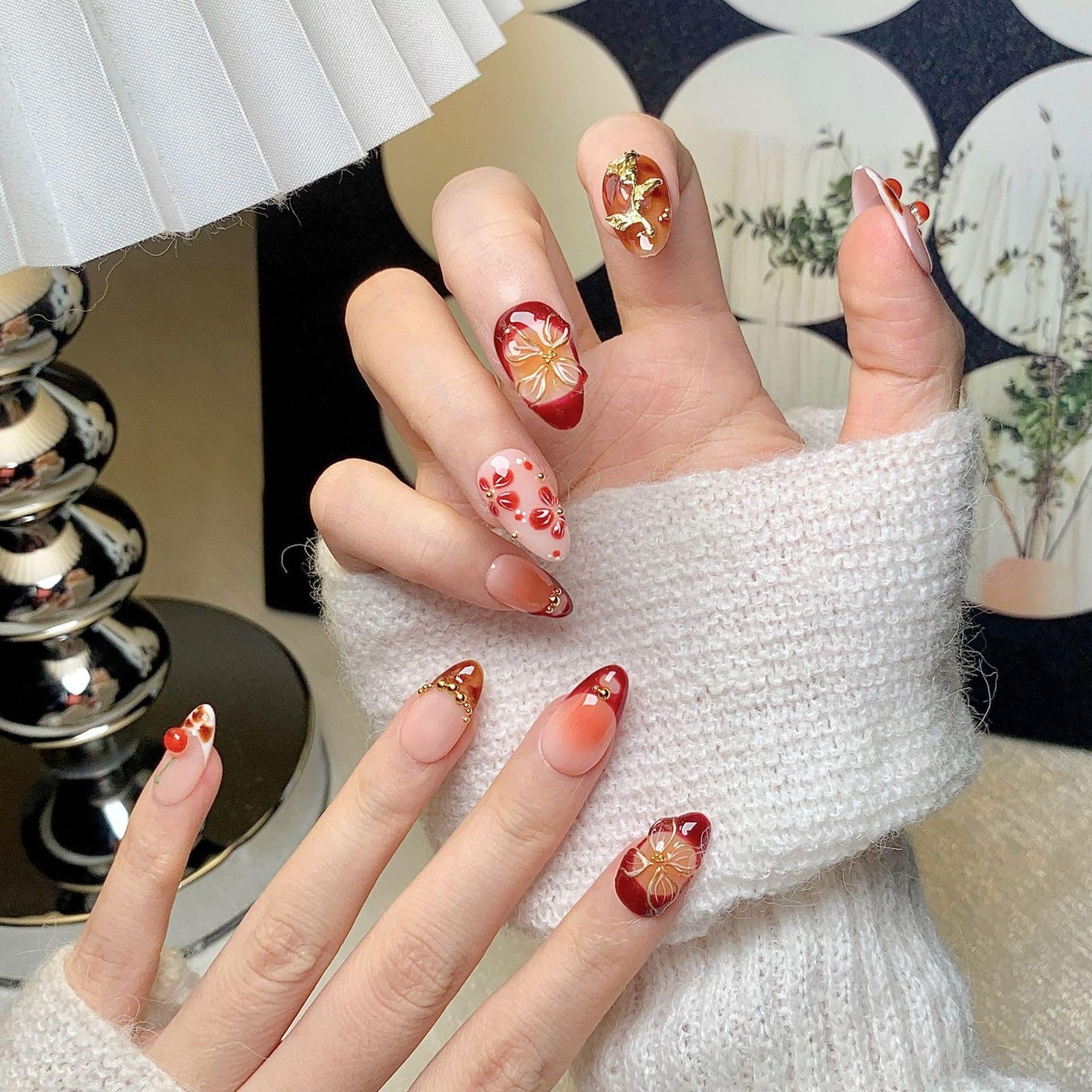 CTTHNBD Almond Press On Nails Medium – 3D Gold Flower Design | Winter Cherry Full Cover Glue On Nails