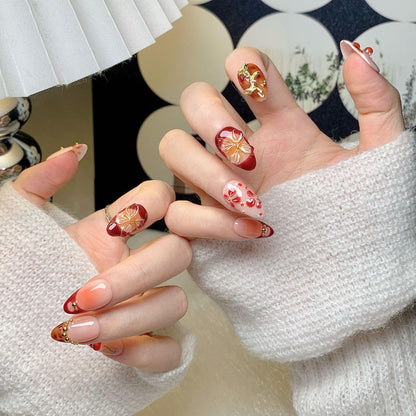 CTTHNBD Almond Press on Nails - 3D Gold Flower, Winter Cherry, Size L