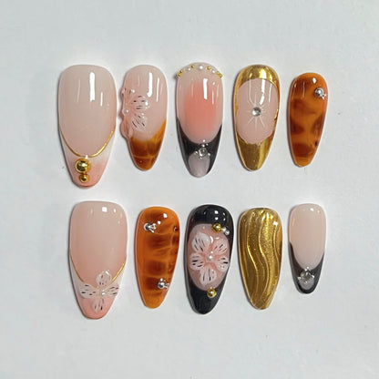CTTHNBD Medium Almond Press-On Nails – Brown Gold Flower Design (Size M)