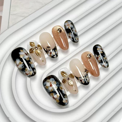 CTTHNBD Medium Almond Press-On Nails – Flower Design, Black & Gold (Size S)