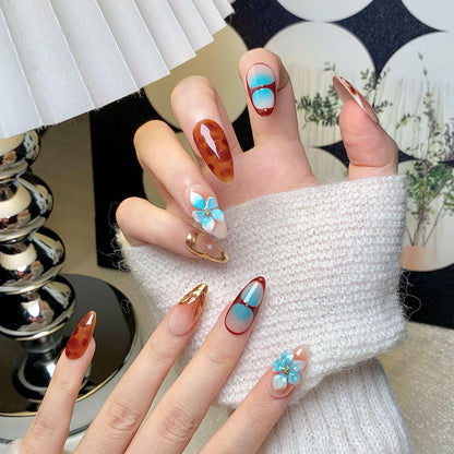 CTTHNBD Medium Press on Nails Almond – Flower Gold Line, Ombre Brown