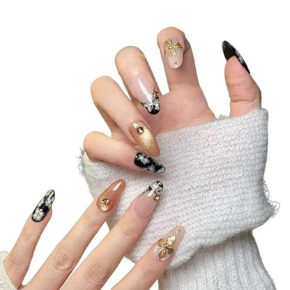 CTTHNBD Medium Almond Nails with Flower Design – Handmade Press On Nails (Size M) – Black, Gold & French Tip