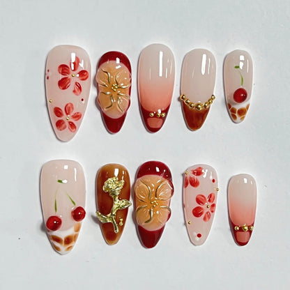 CTTHNBD Almond Press on Nails - 3D Gold Flower, Winter Cherry, Size L