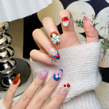 CTTHNBD Almond Press on Nails Medium – Cherry Heart Design, Winter Full Cover Stick-On Nails