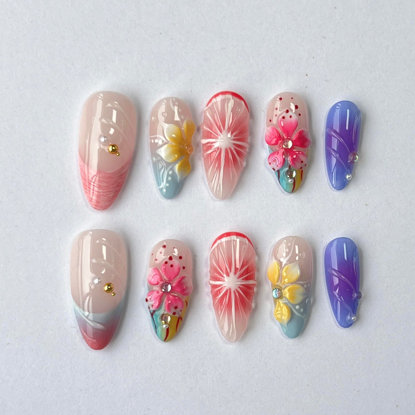 CTTHNBD Medium Almond Press-On Nails | Colorful Flower Design | Size M