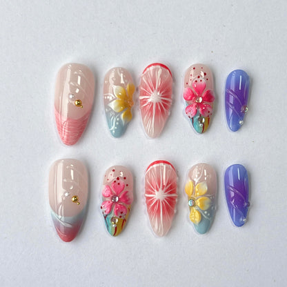 CTTHNBD Medium Almond Press-On Nails | Colorful Flower Design | Size M