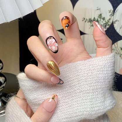 CTTHNBD Medium Almond Press-On Nails – Brown Gold Flower Design (Size M)