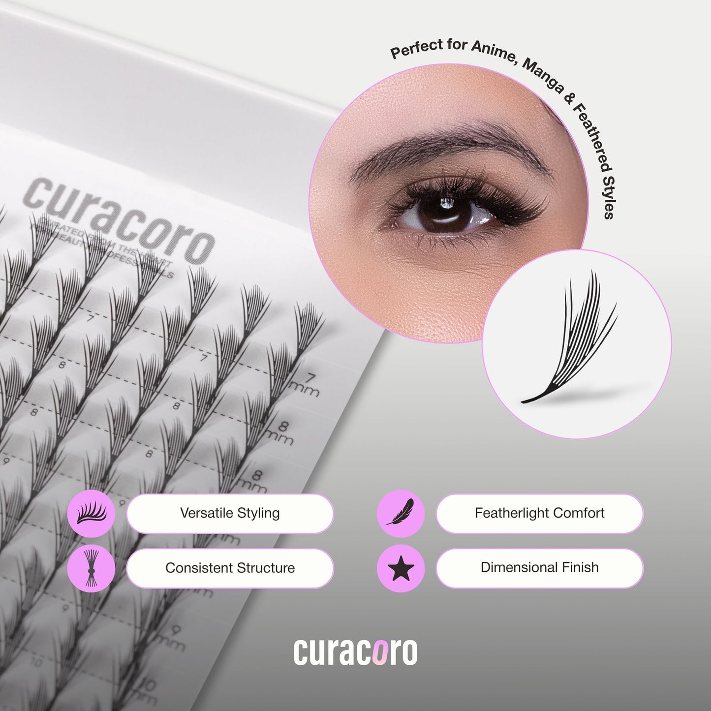CURACORO Anime Spire Spike Lashes – 360 Fans, Laser-Bonded Base, Premade Lashes for Professionals (C/BC Curl, 9–16mm)