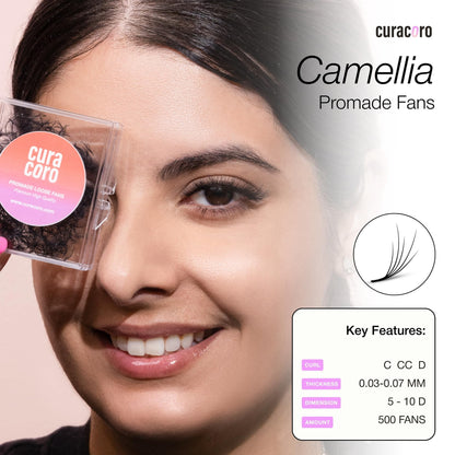 Curacoro Camellia Promade Fans – Handmade 5D–10D Lash Fans, 7–14mm Mix