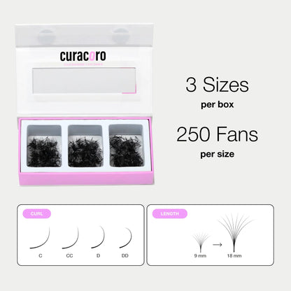 Curacoro Promade Mix 750 Fans – Handmade Volume Lashes, 5D–12D, 0.03–0.1mm, 9–14mm Sizes Box