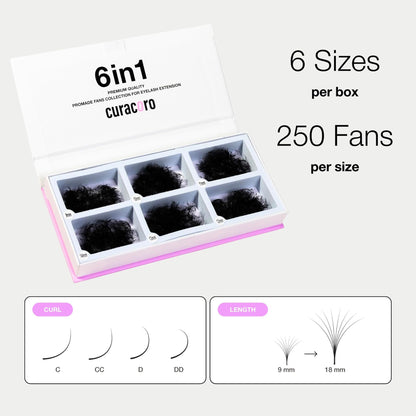 Curacoro Promade Mix 1500 Fans – Handmade Volume Eyelashes, 5D–12D, C/CC/D Curl, 0.03–0.1mm, 9–18mm