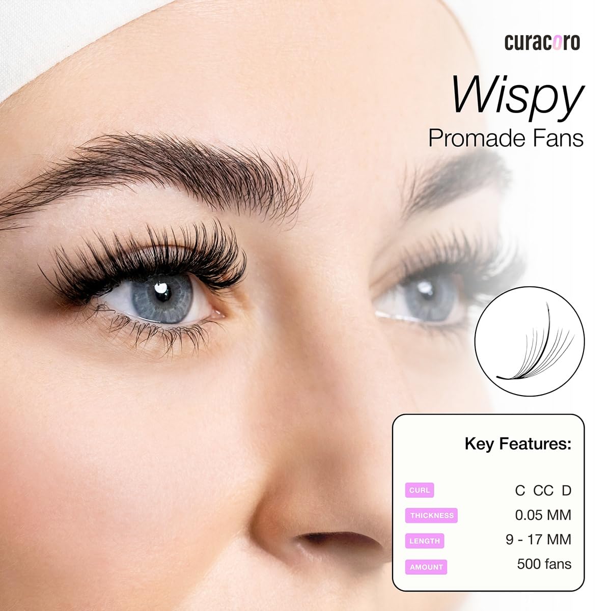 Curacoro Promade Wispy Fans – 9D 0.05 Lash Extensions, Handmade Volume Lashes, 9–17mm, C/CC/D Curl