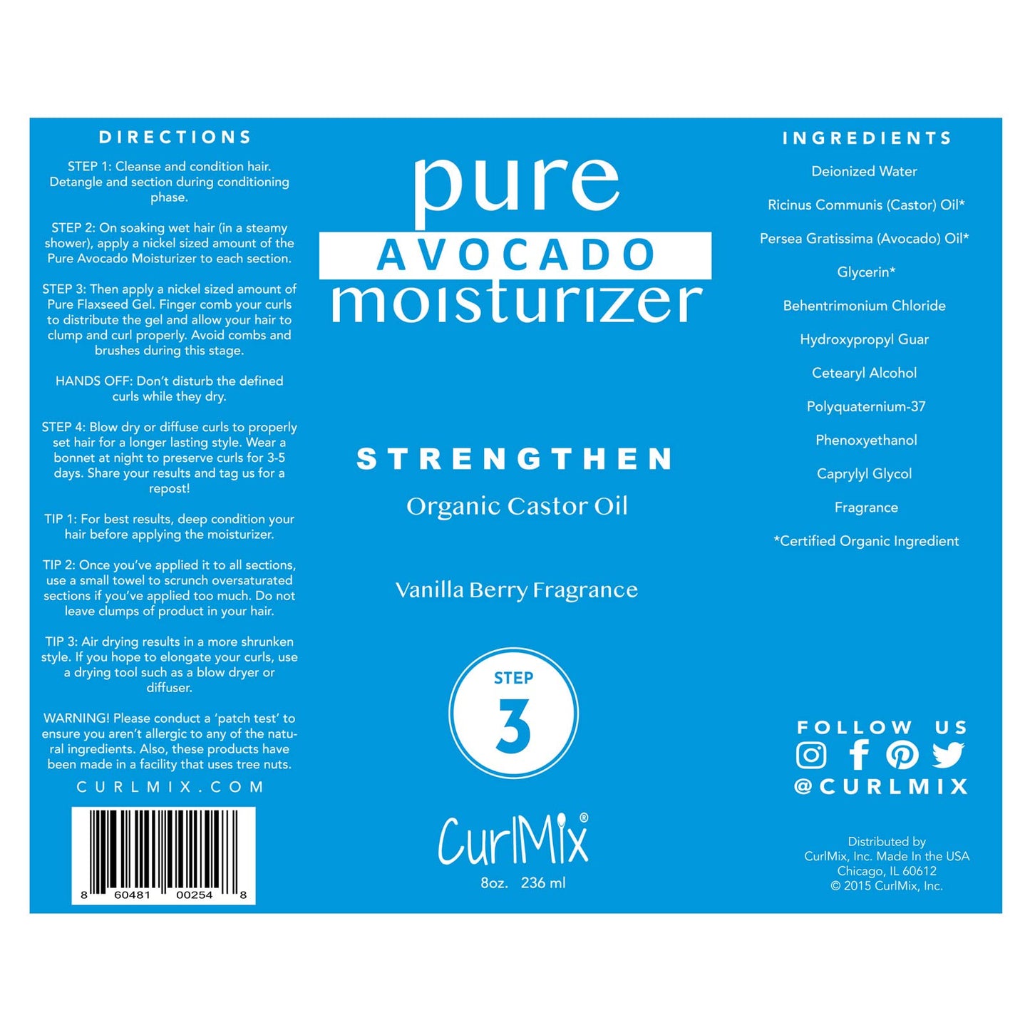 CurlMix Organic Moisturizer for Curly Hair with Avocado & Castor Oil – Vanilla Berry, 8 fl oz