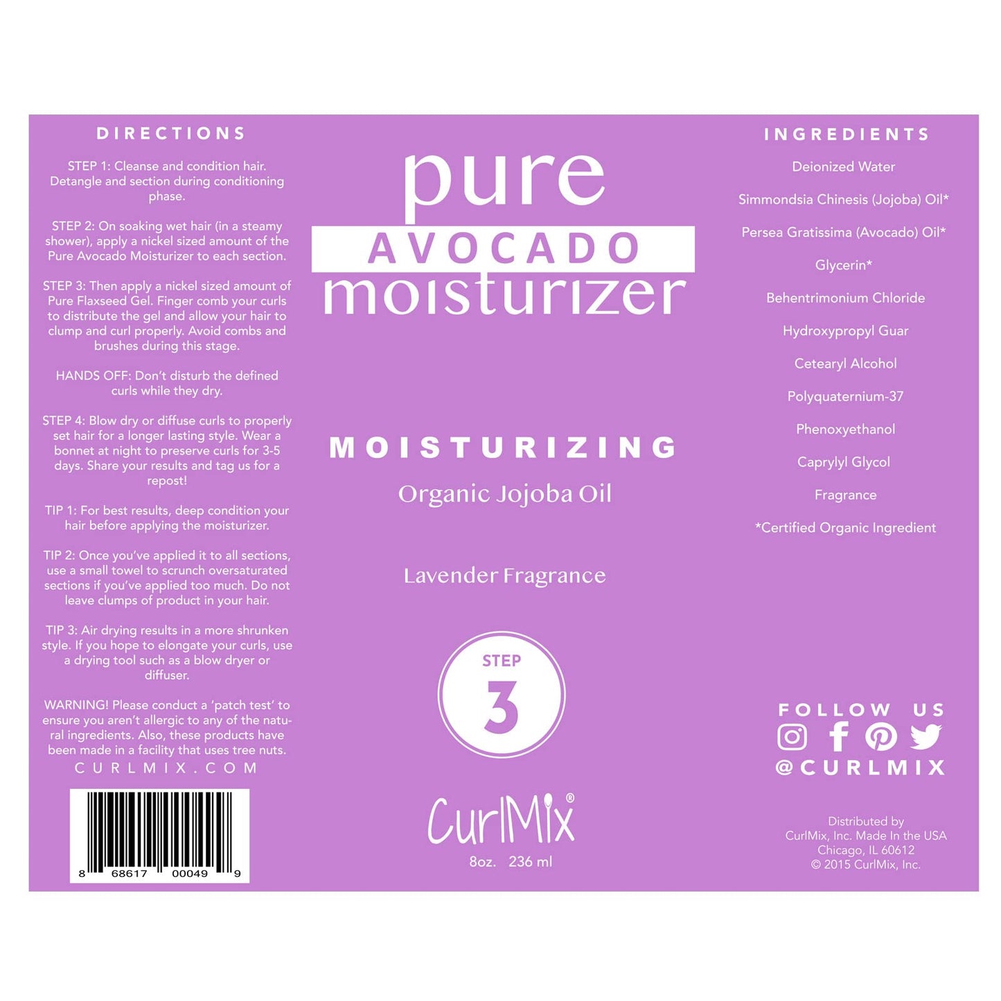 CurlMix Organic Moisturizer for Curly Hair with Avocado & Jojoba – Lavender (8 fl oz)