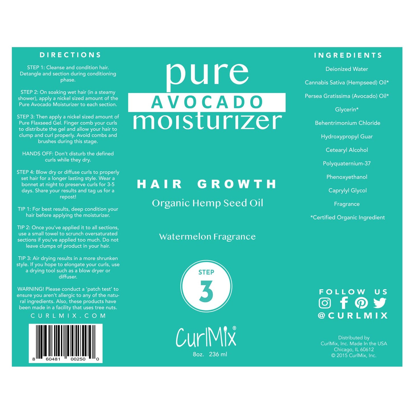 CurlMix Organic Moisturizer for Curly Hair – Avocado & Hempseed Oil, Watermelon, 8 oz – Promotes Hair Growth