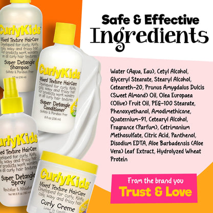 CurlyKids Textured Hair Care Set — Detangler Spray, Shampoo, Conditioner & Leave-In Creme (Sulfate & Paraben-Free)