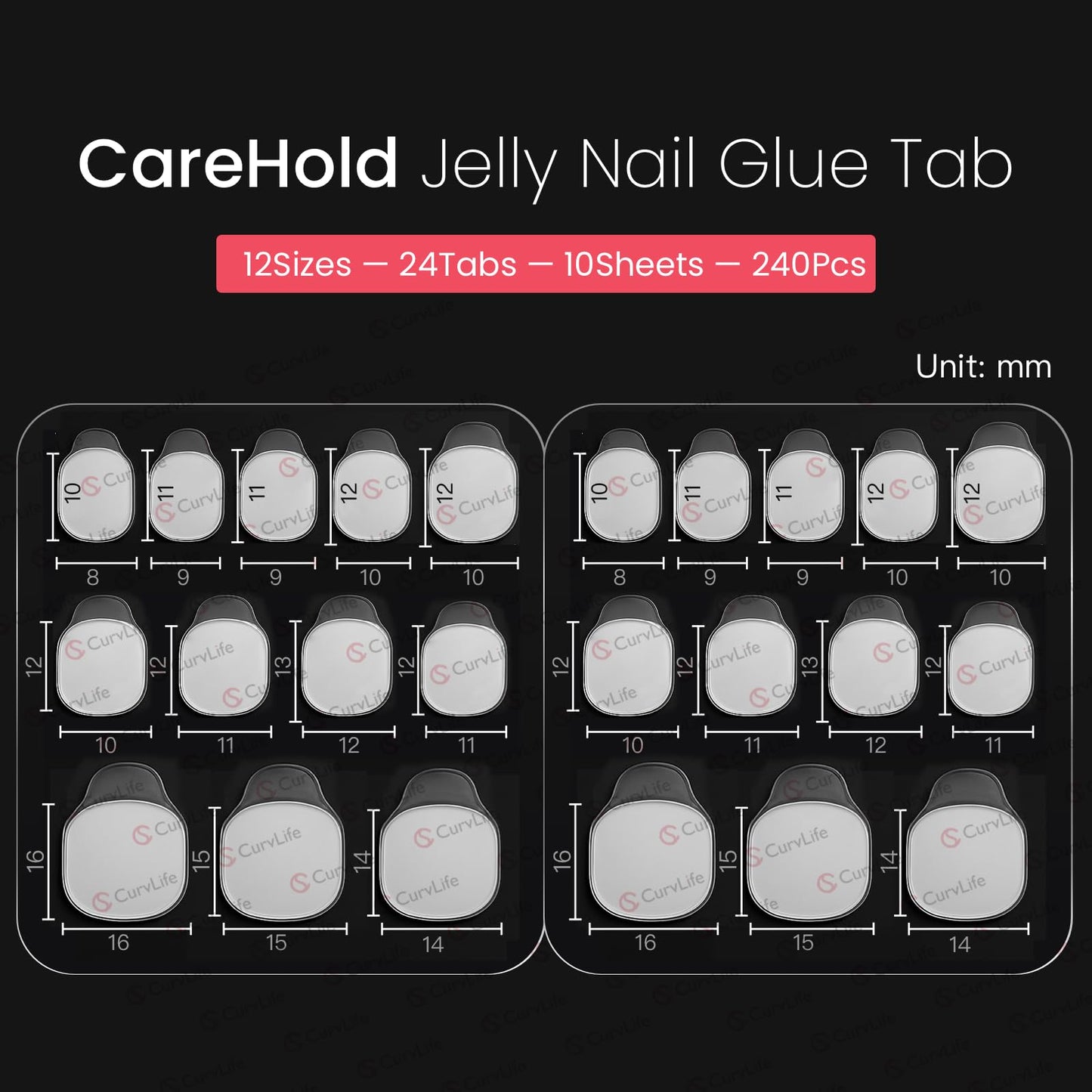 Curvlife CareHold Nail Adhesive Tabs – 0.3mm Ultra Thin, 20 Sheets, 12 Sizes, Waterproof & Gentle Removal