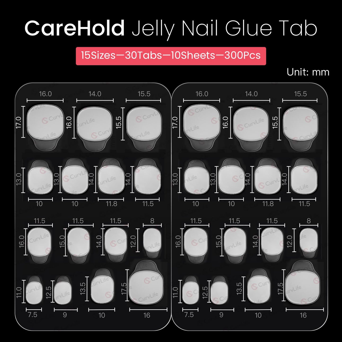 CurvLife CareHold Pro Nail Adhesive Tabs – Extra Wide 0.3mm Ultra Thin, 10 Sheets, 15 Sizes, Clear