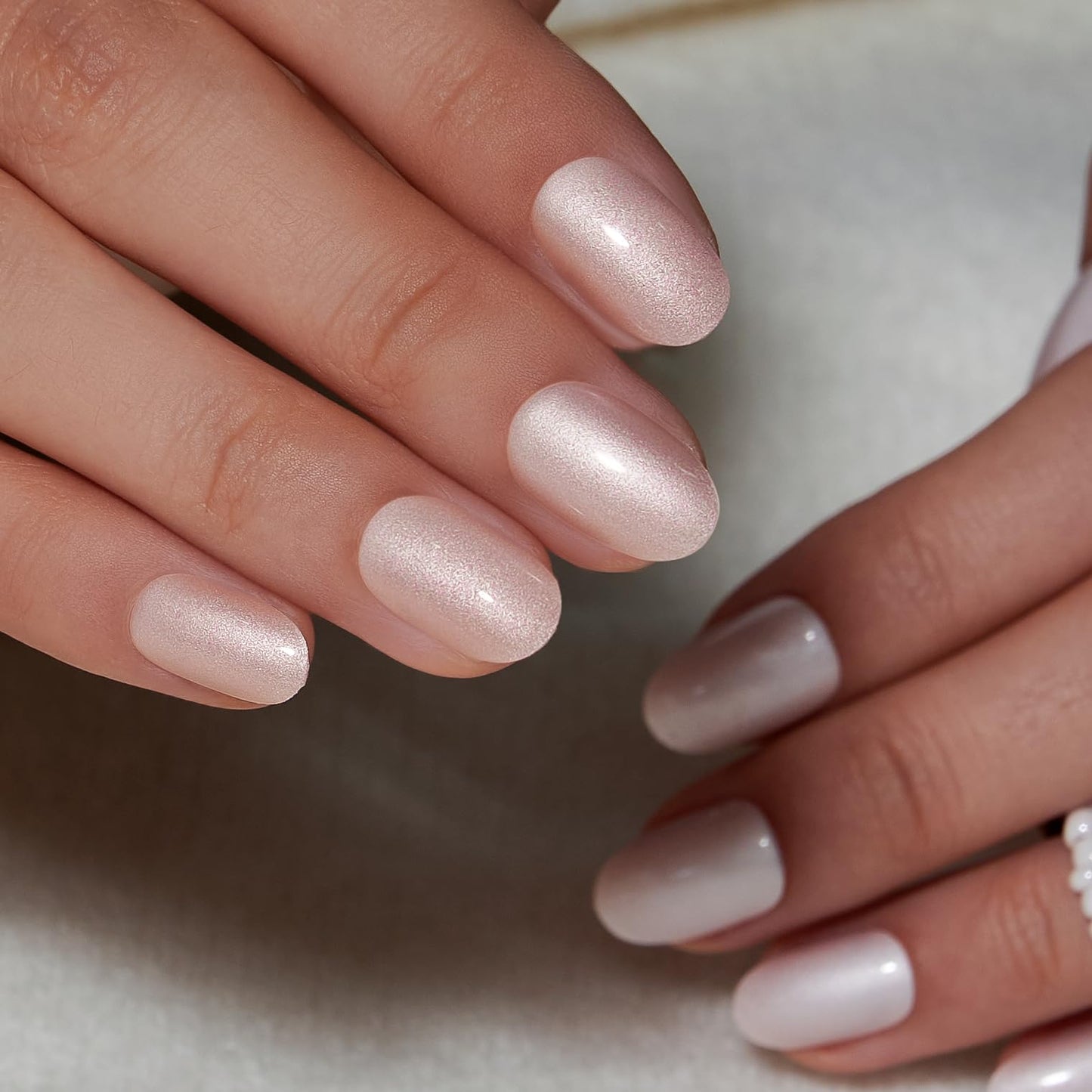 Curvlife Short Oval Press On Nails – Moonlight Pearly Shimmer Gel Finish, 30-Piece Nail Kit